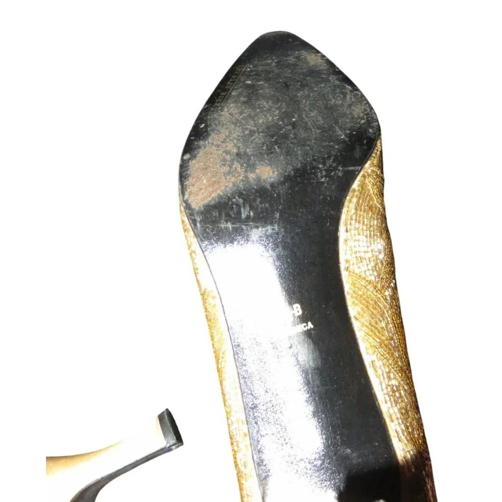 Valerie Stevens Veronica Gold Beaded Leather Kitten Heel Closed Toe Pumps